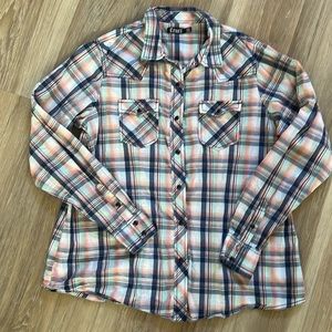 Cruel Womans Western Shirt xxl Plaid Blue Peach Navy snap on buttons